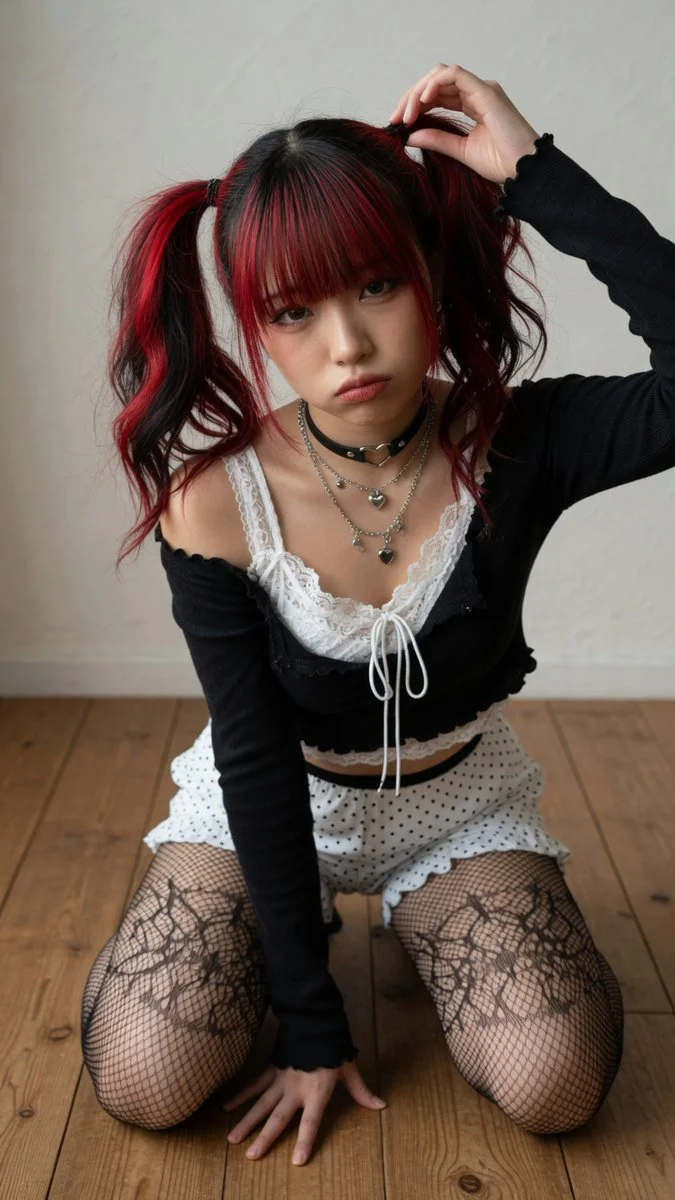 Detailed portrait captures woman's spiderweb fishnets and lace textures
