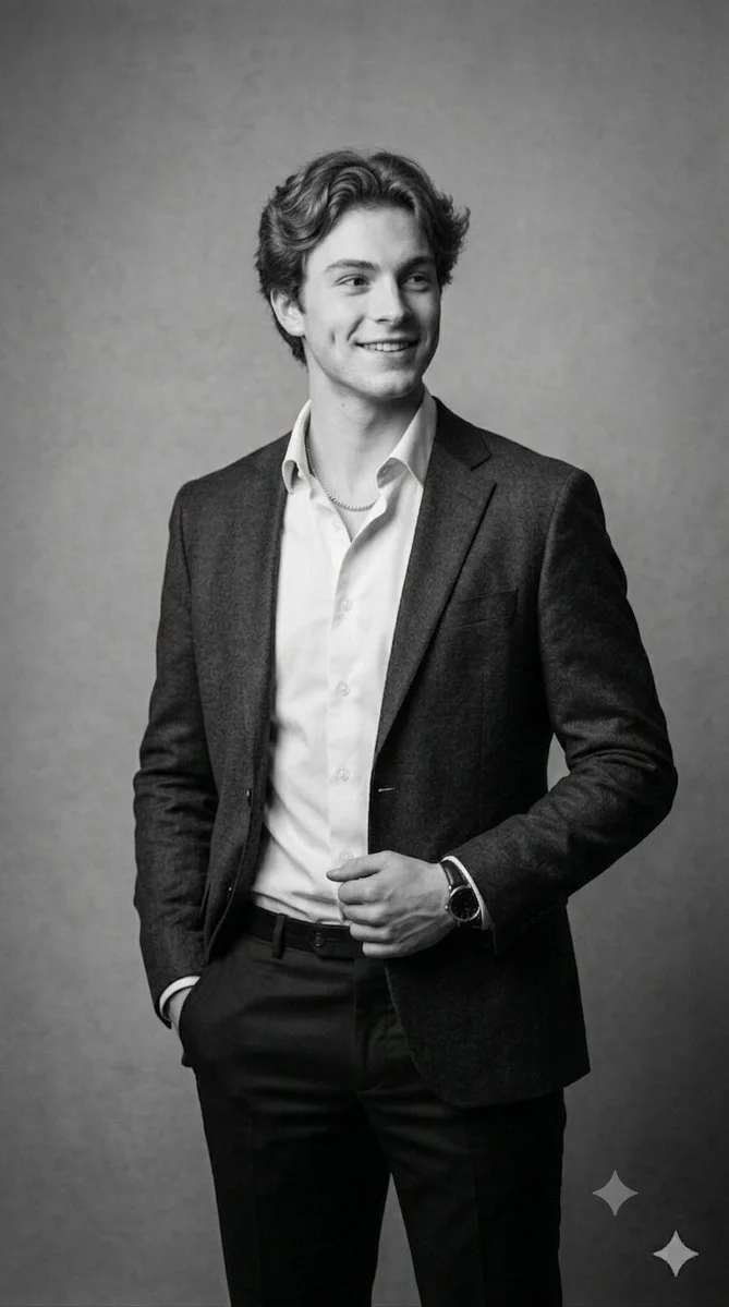 Detailed studio lighting highlights young man's leather watch and warm smile