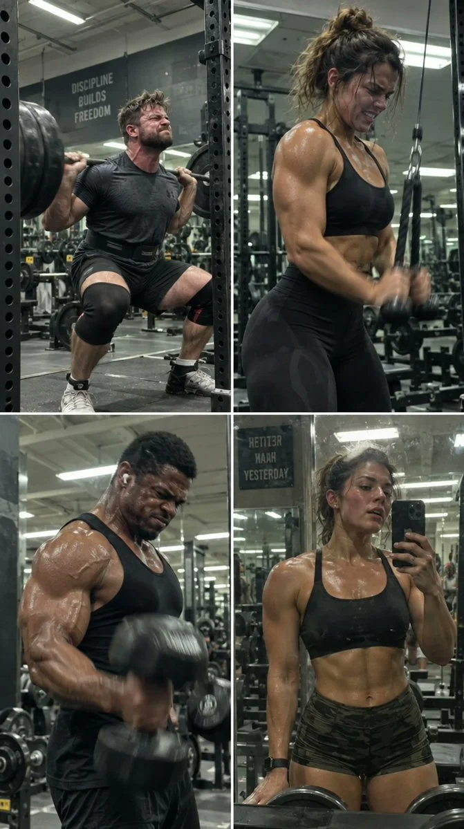 Determined athlete lifts heavy weights in gritty gym mirror shot