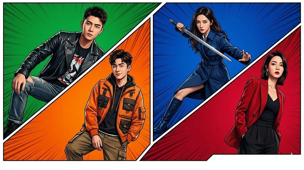 Diagonal Drama: Four Heroes in Vivid Panels