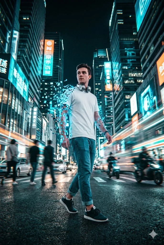 Digital Dissolution in a Neon Cyberpunk Cityscape