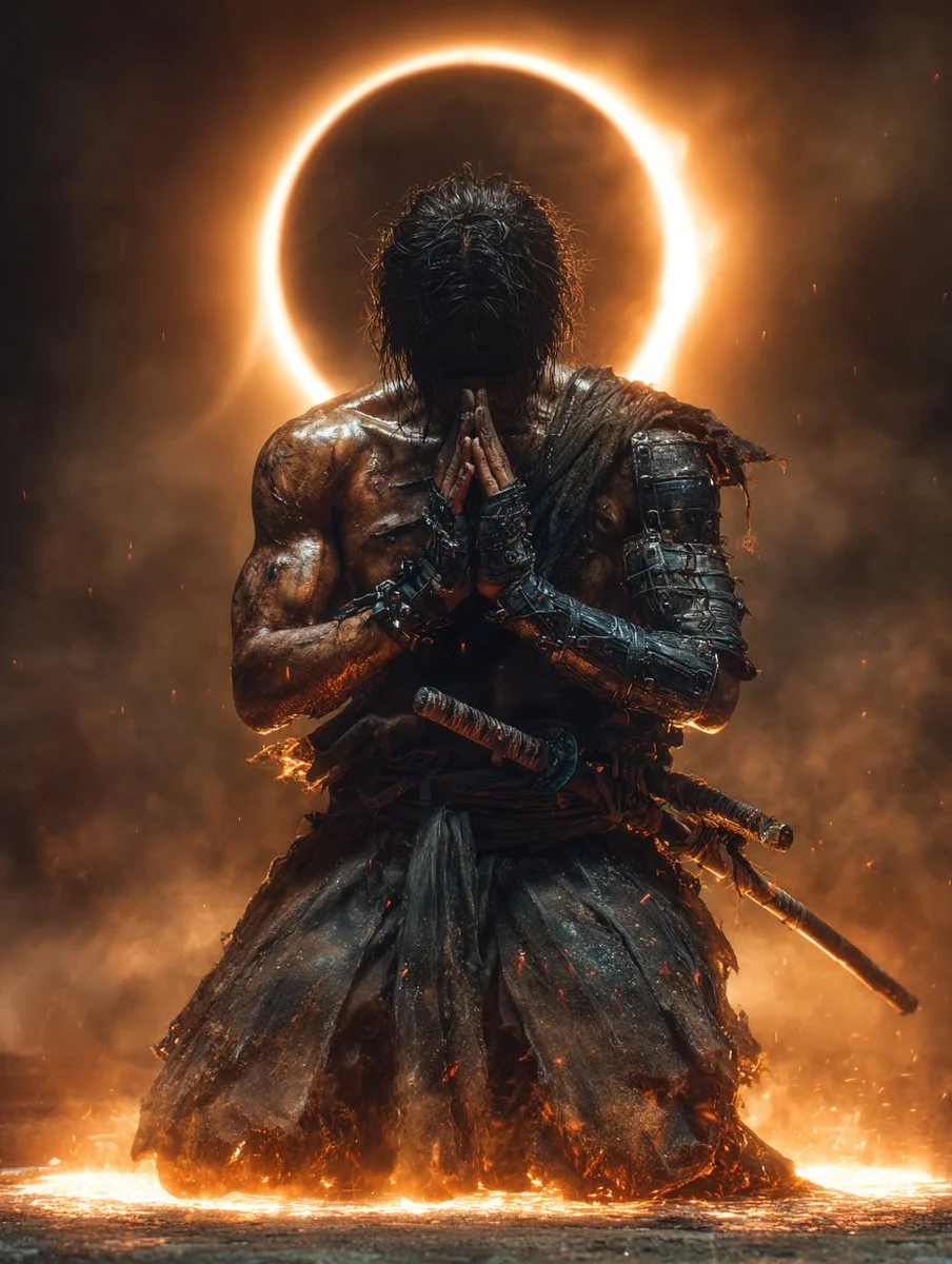 Dirt-Covered Warrior Kneels in Silence Before the Burning Sun