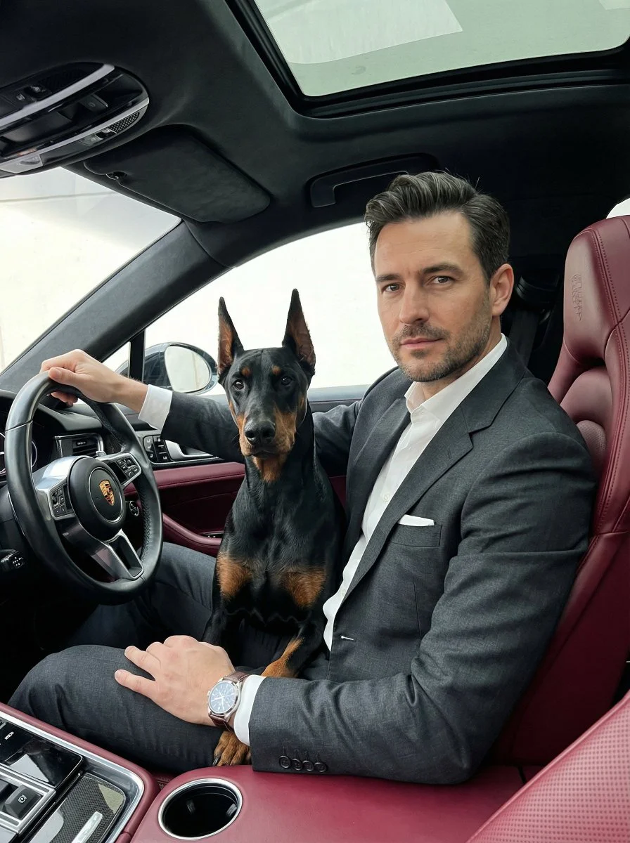 Dominance in Luxury: Man and Doberman in a Porsche