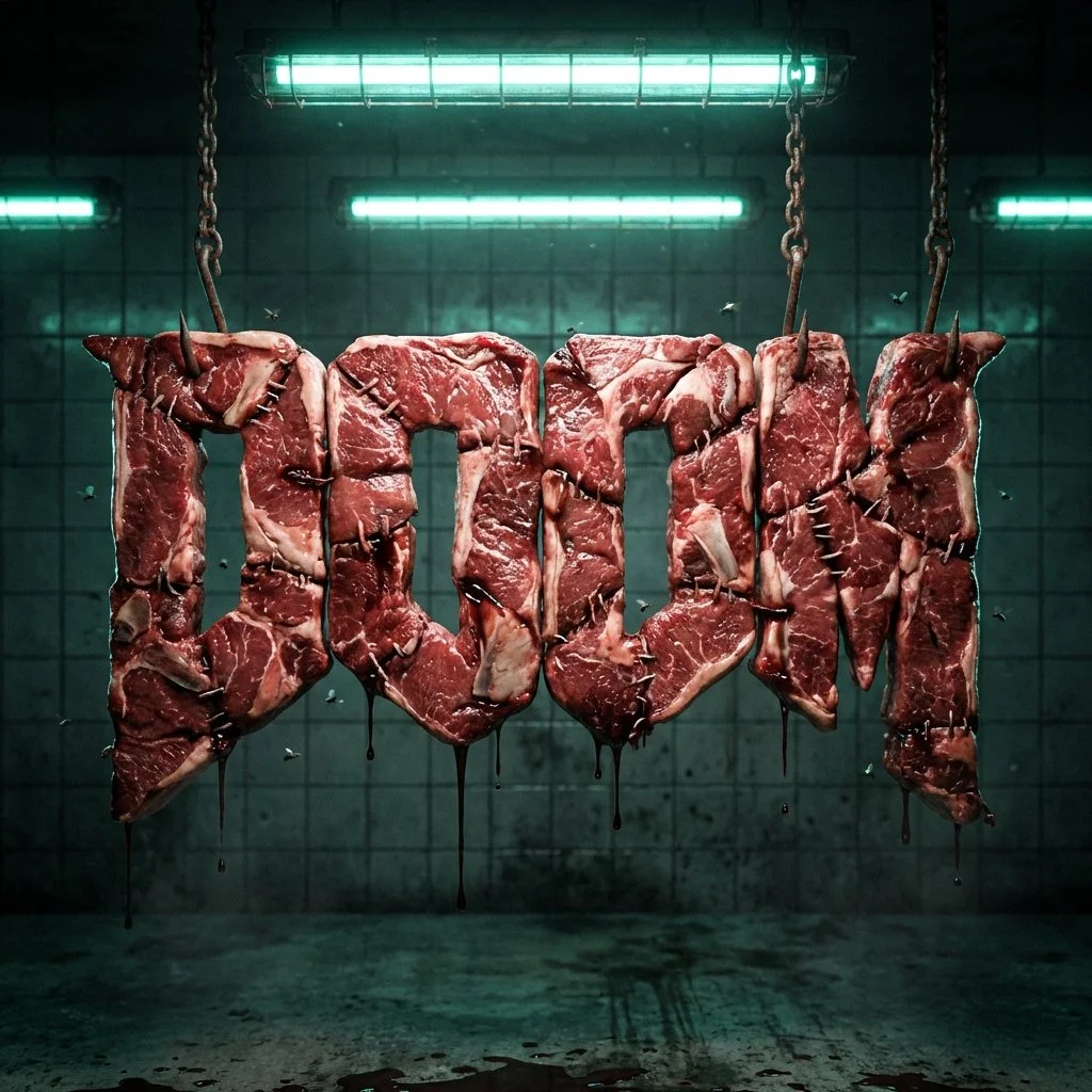 Doom in Gore: Sewn Flesh Letters with Hooks and Chains