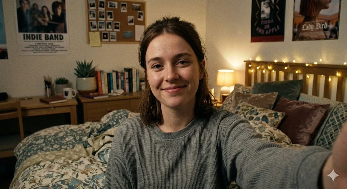 Dorm Room Glow: Cozy Cinematic Selfie