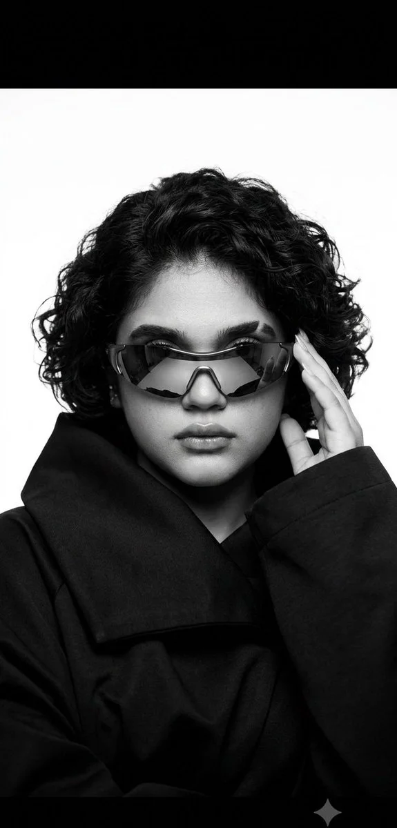 Dr. Samia wears futuristic visor in monochrome editorial portrait