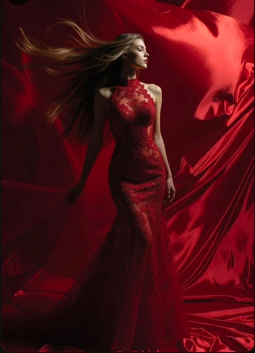 Dramatic lighting accentuates the lace and fabric textures
