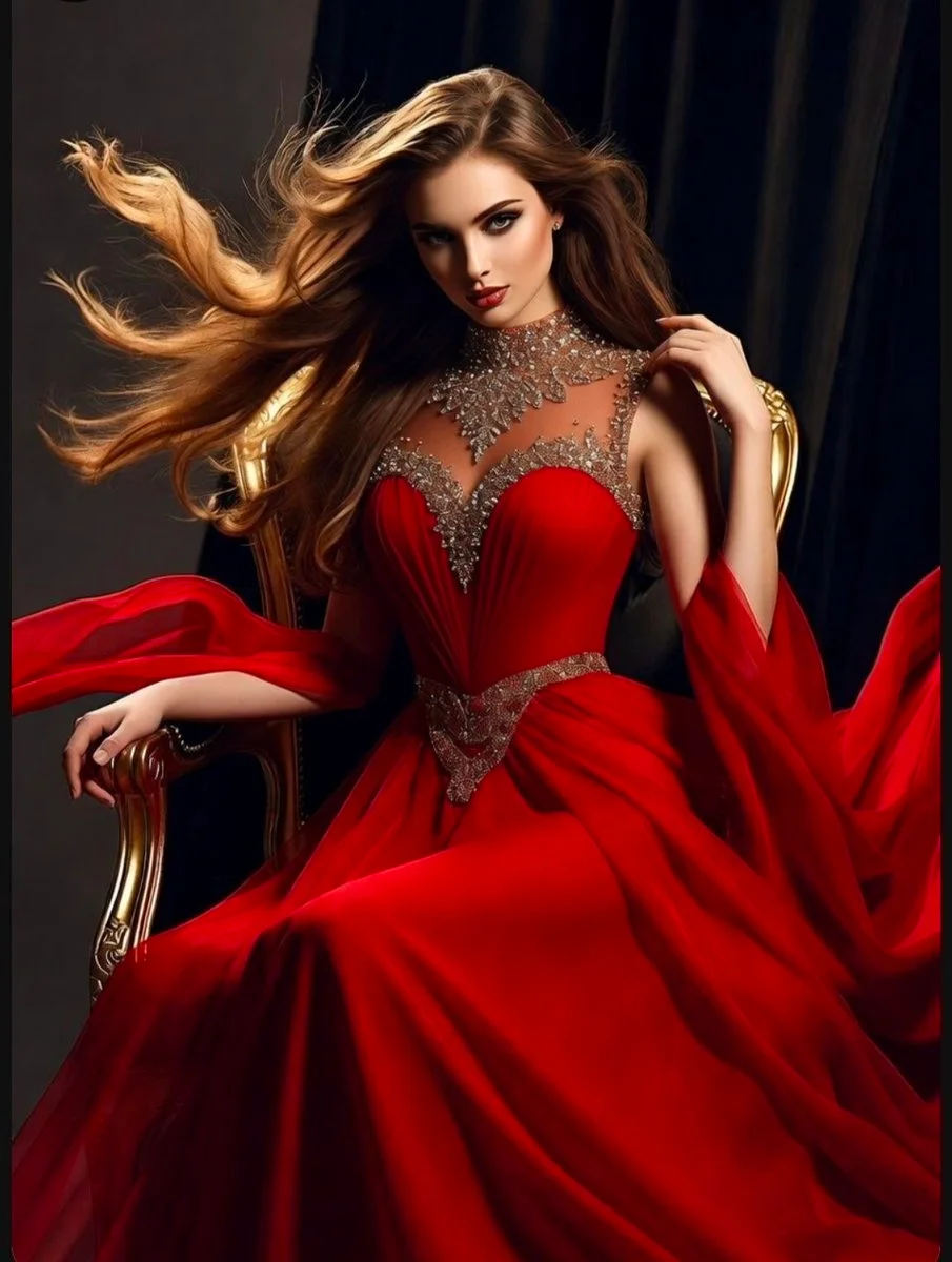 Dramatic lighting highlights the intricate jewels on her red gown.
