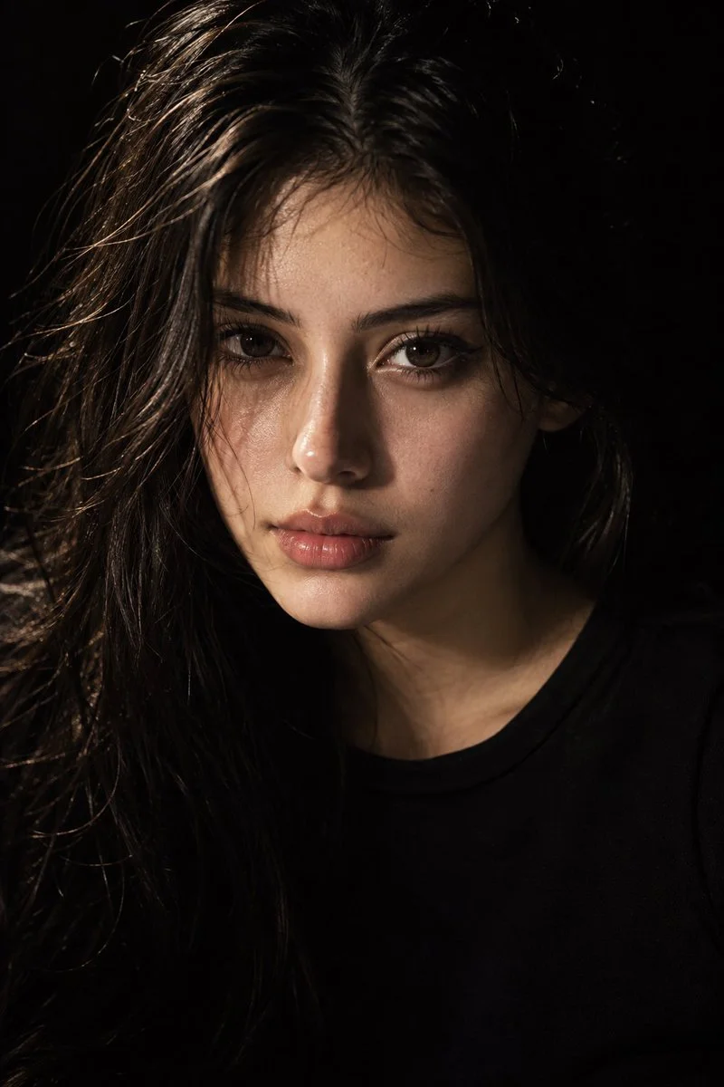 Dramatic low-key portrait captures young woman with intense gaze