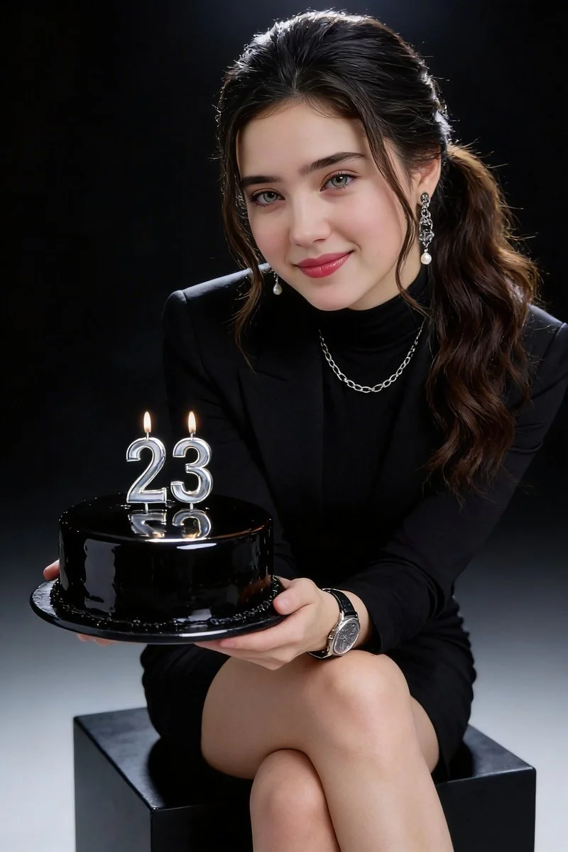 Dramatic Monochrome 23rd Birthday Portrait with Reflective Cake