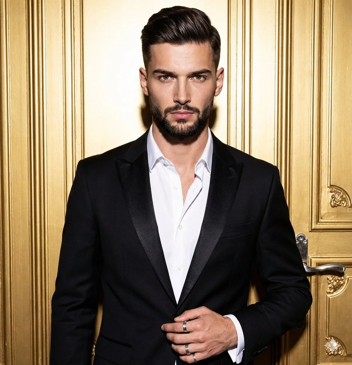 Dramatic Portrait of Elegance with High-Contrast Lighting and Gold Accents