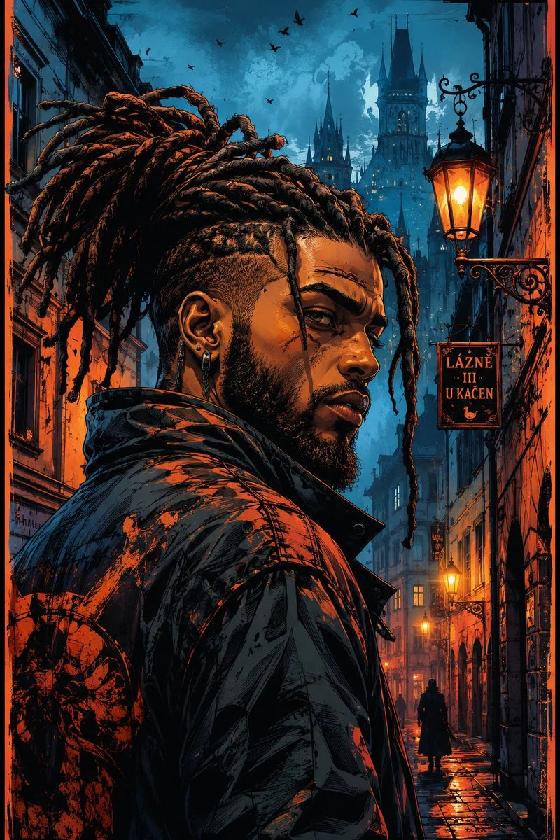 Dreadlocked man stands in teal and orange alley at dusk