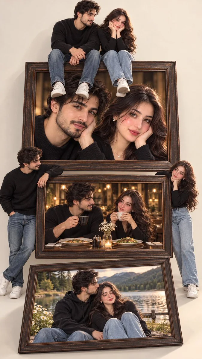 Dreamy Couple Recreated in Layered Wooden Frames with Romantic Aesthetic