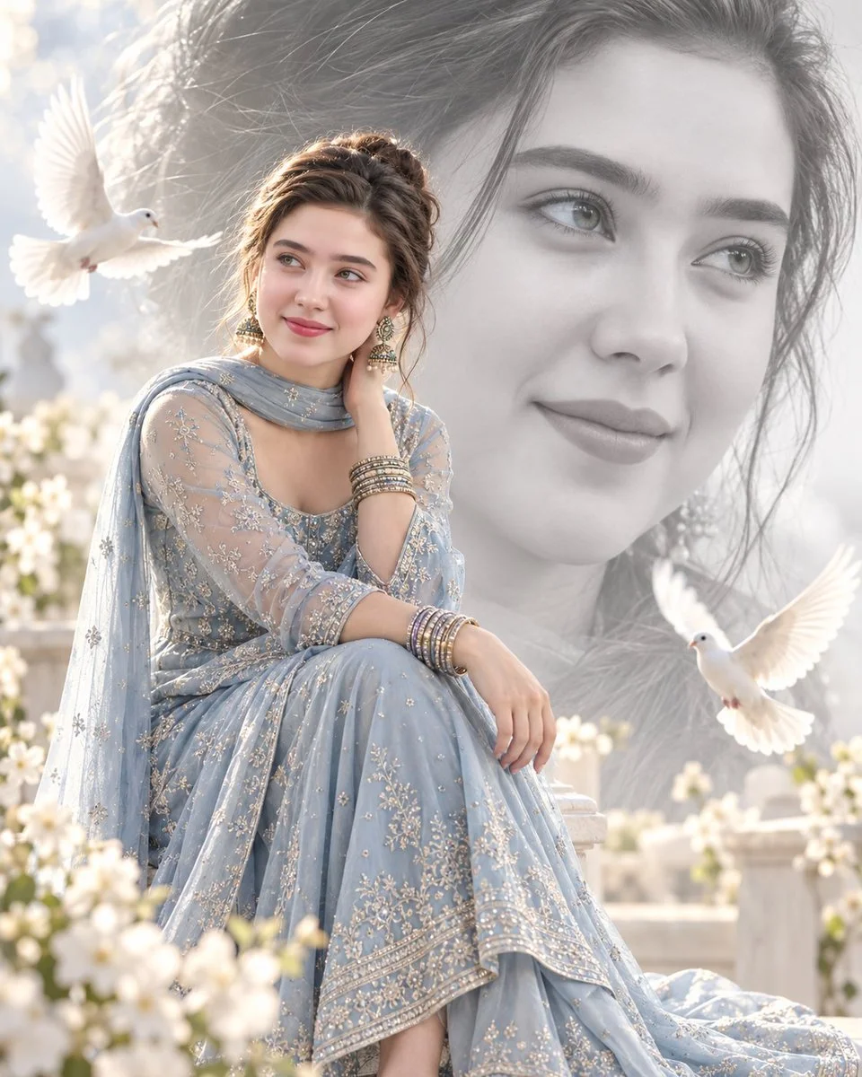 Dreamy Double Exposure Shows Woman in Blue Ethnic Suit with Birds