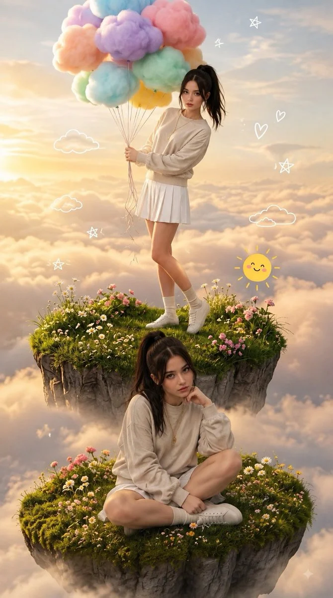 Dreamy double portrait of woman on floating islands with balloons
