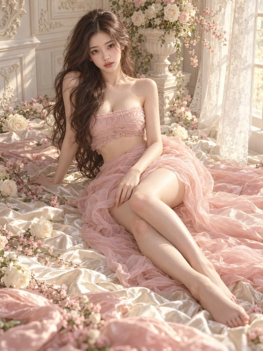 Dreamy East Asian Woman Reclines Amidst Silk and Roses in Golden Light