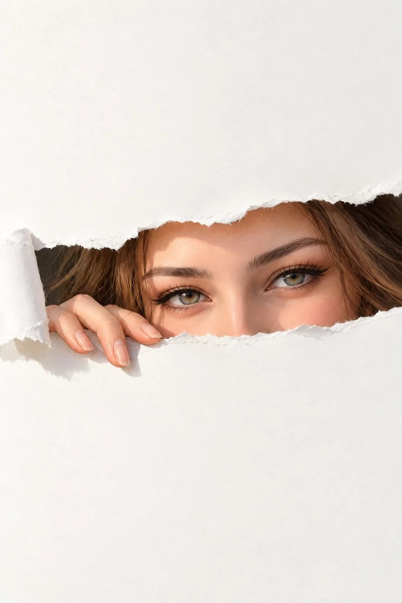 Dreamy eyes peek through torn white paper in soft painting