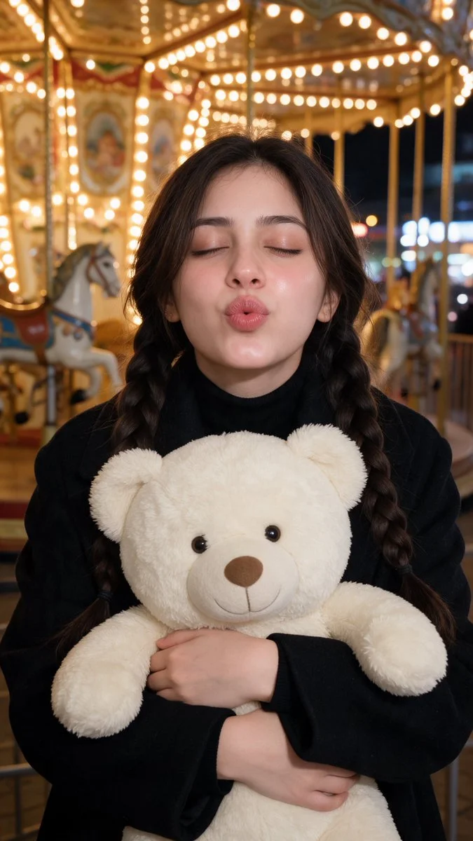 Dreamy girl in black coat embraces plush teddy at carousel