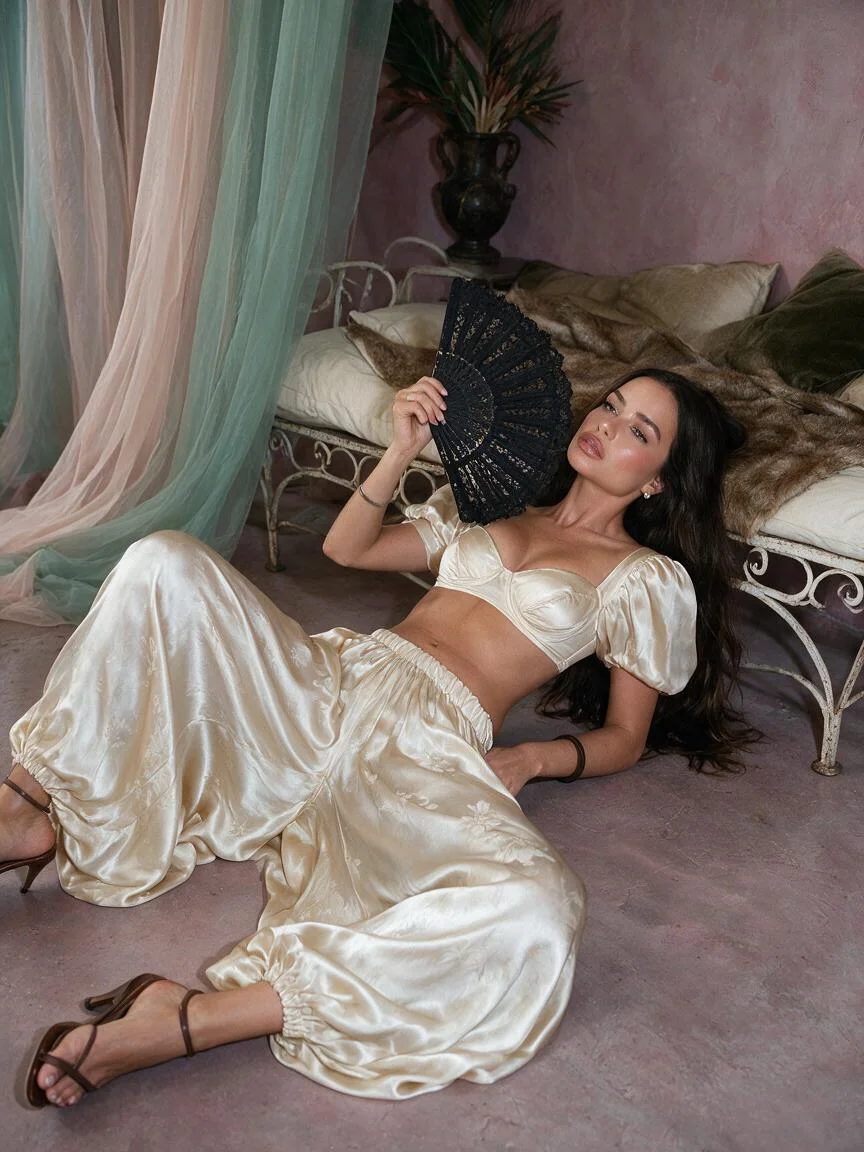 Dreamy Portrait of a Woman in Satin Amidst Bohemian Decor