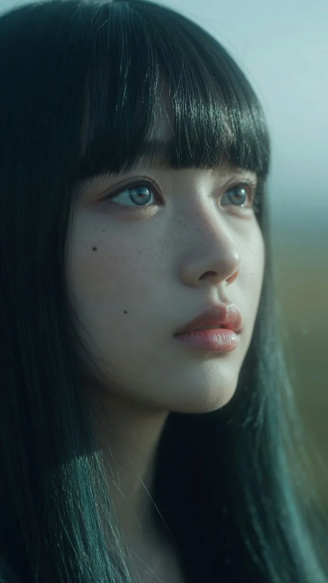 Dreamy portrait of a woman with blue eyes and glossy lips in soft light
