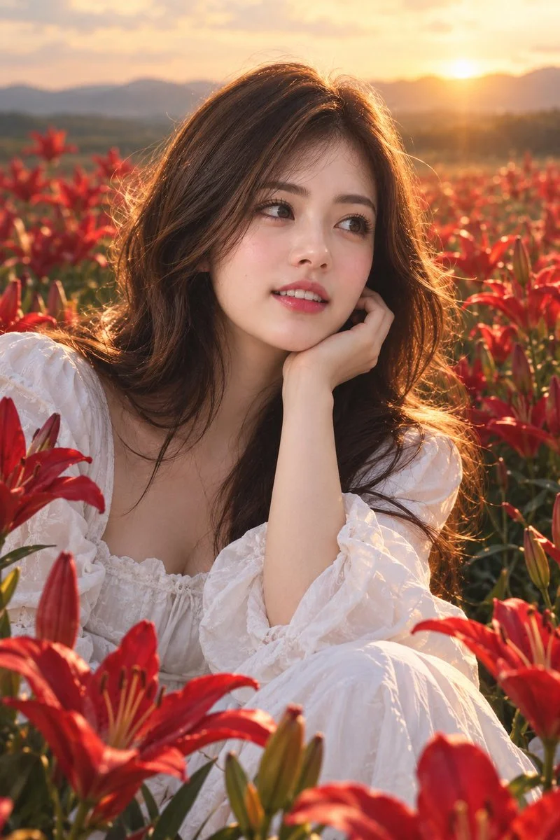 Dreamy portrait of girl in white dress in red lily field