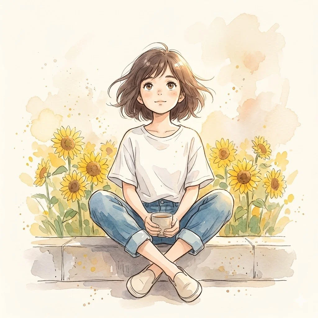 Dreamy Watercolor Portrait of a Girl Among Sunflowers
