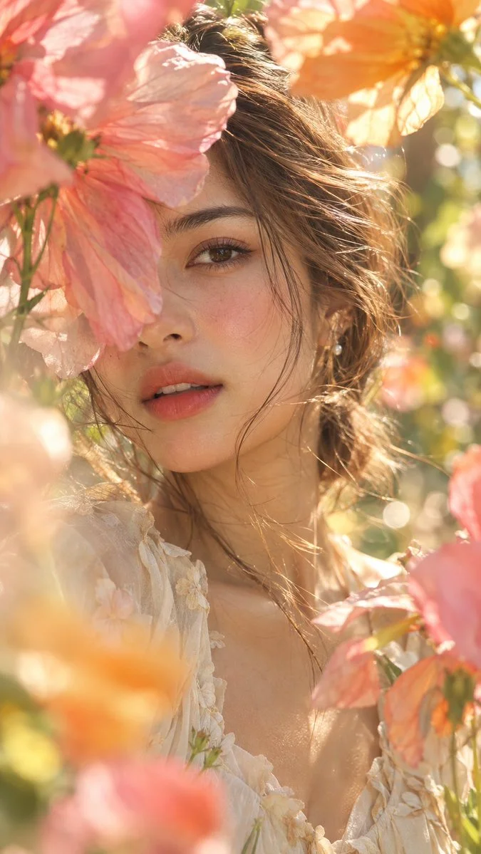 Dreamy Woman Gazing Through Translucent Petals in Sunlit Garden