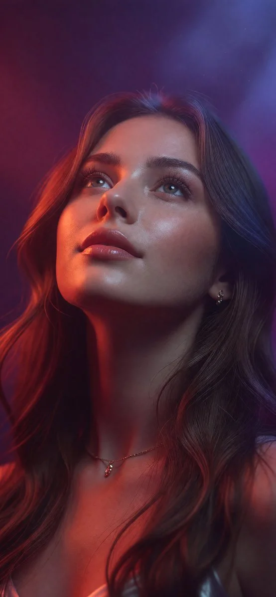 Dreamy Woman Looks Upward Under Neon Purple and Magenta Glow