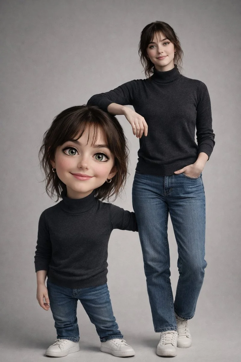 Dual Dimensions: Authentic Human Poise and Animated Caricature Charm