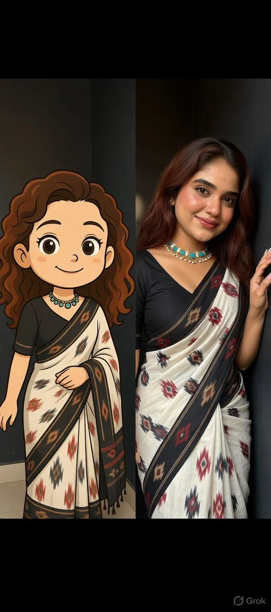Dual Elegance: Real and Animated Woman in Traditional Saree
