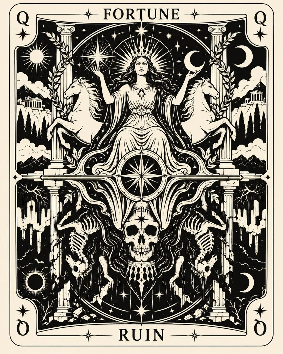 Dual-faced playing card reveals opposing silhouettes in flat vector art