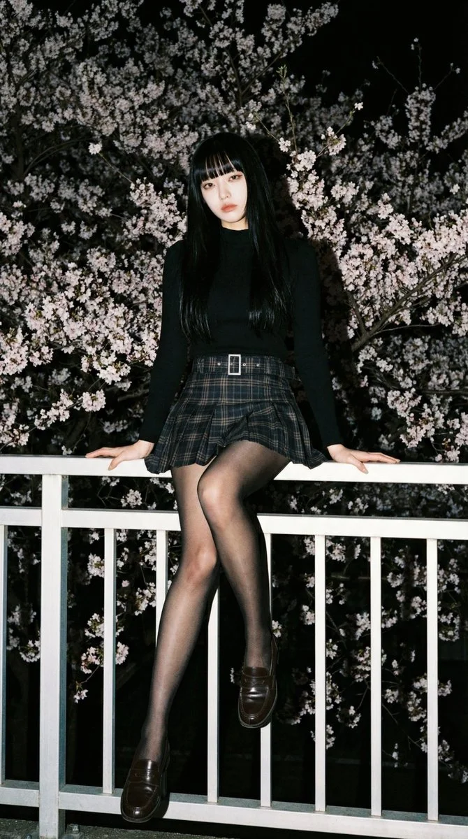 Dual Night Shades: Black vs. Silver Under Cherry Blossoms