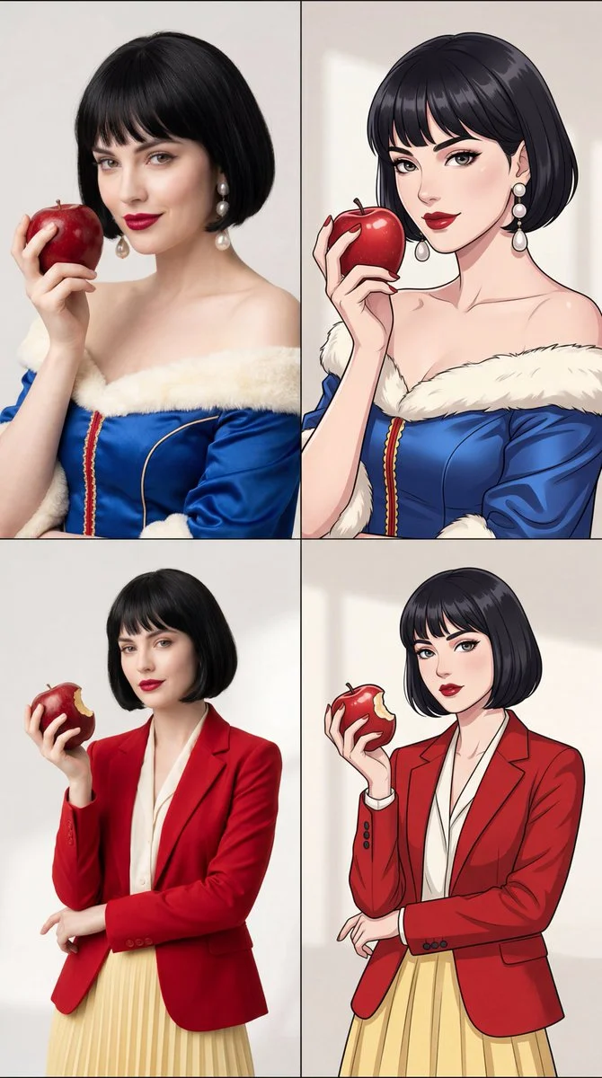 Dual Realism and Illustration of Modern Snow White in Editorial Grid