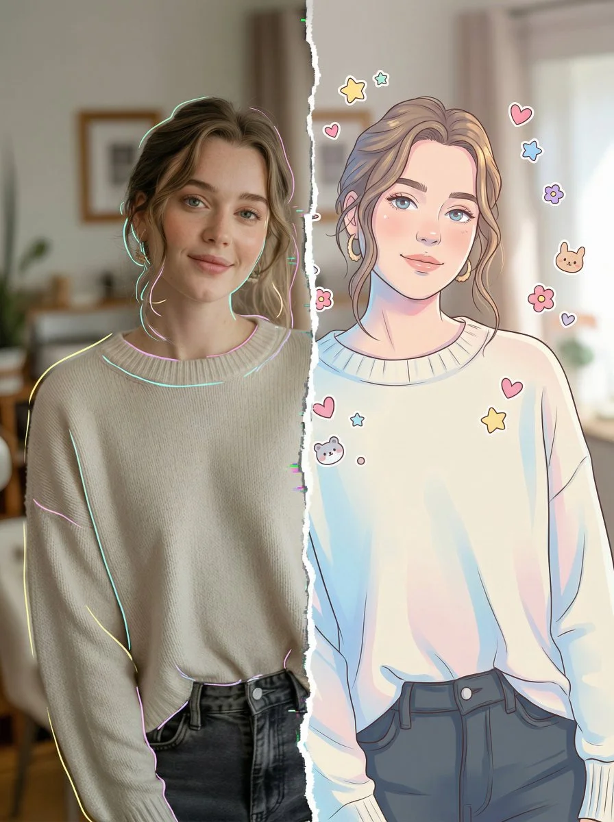 Dual Realities: Hyper-Realism Meets Digital Charm in 8K Split Portrait