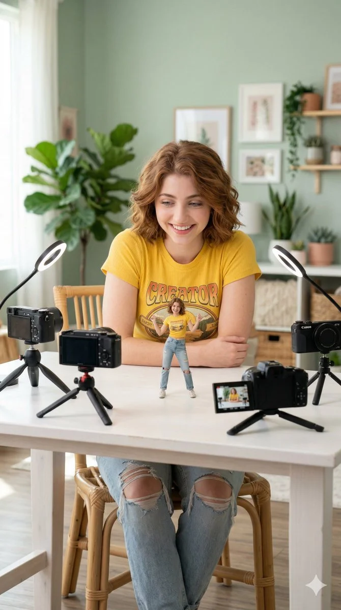 Dual Reality: Content Creator and Her Playful Miniature Twin