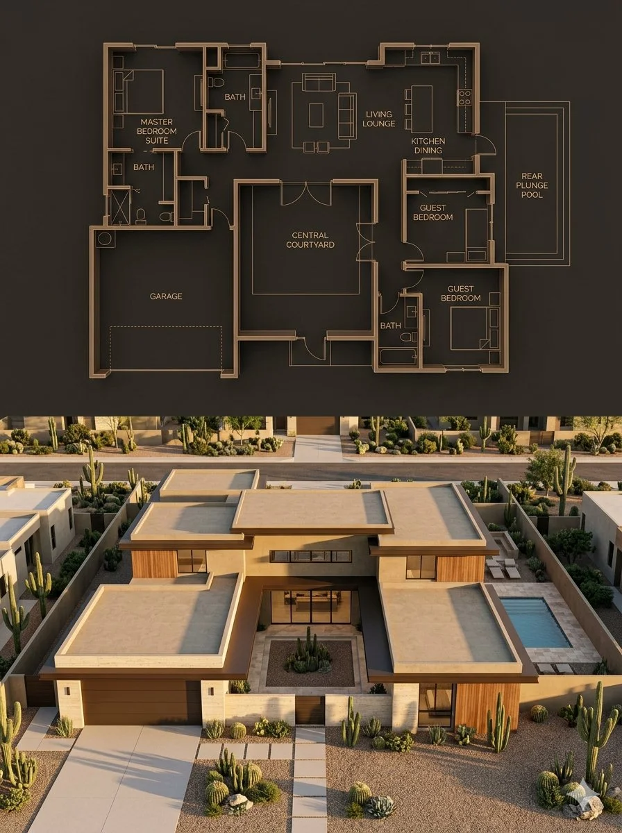 Dual-View Luxury Home: Dark Blueprint Meets Desert Modern Render