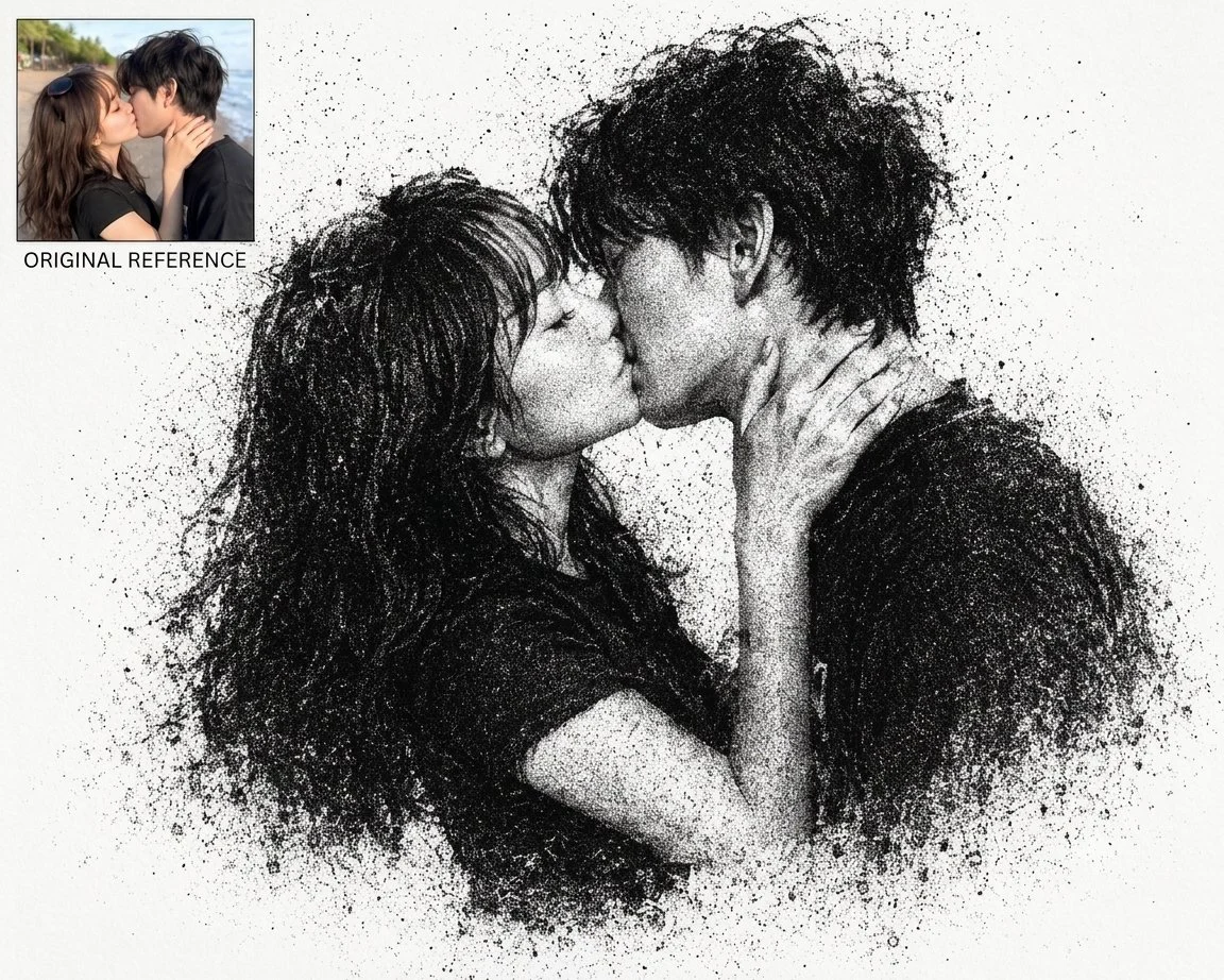 Dust particles reconstruct a fragmented silhouette in high contrast monochrome