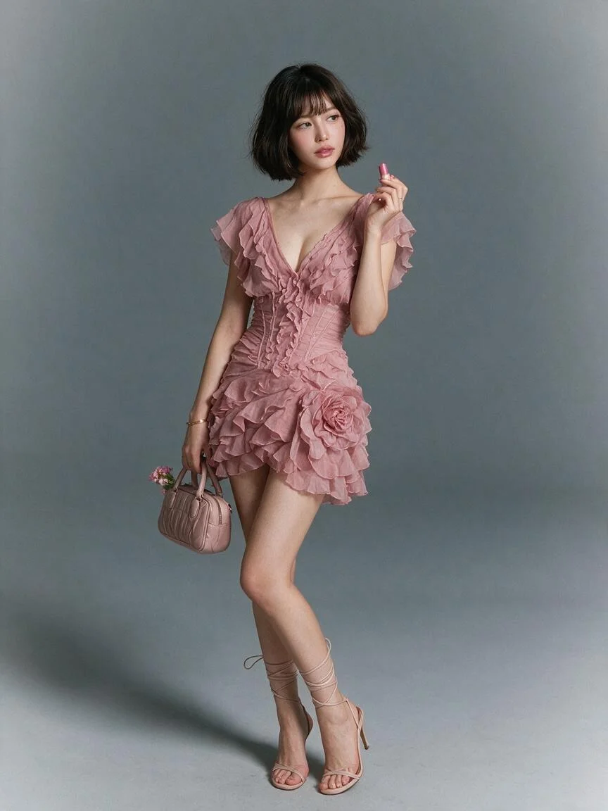 Dusty pink ruffle dress transforms studio portrait into soft fashion dream