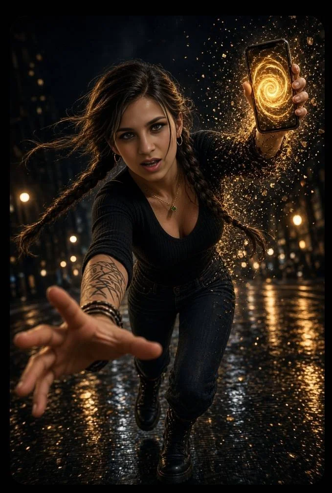 Dynamic action shot of woman holding magical smartphone in city