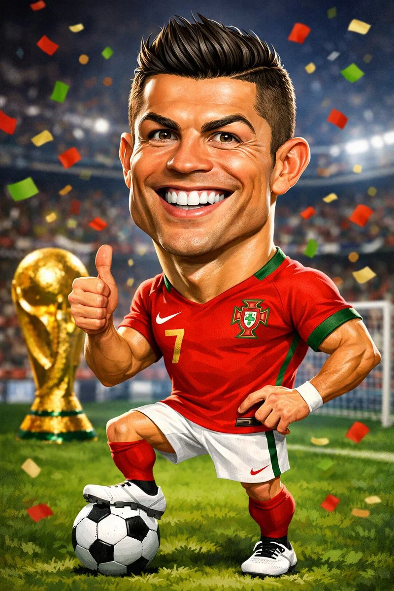 Dynamic Celebration Scene Featuring Ronaldo and Golden Trophy