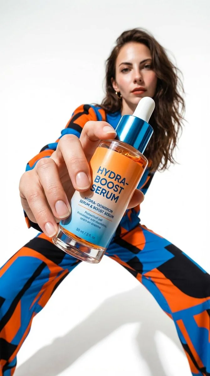 Dynamic Low-Angle Fashion Shot Highlighting Bold Product Detail
