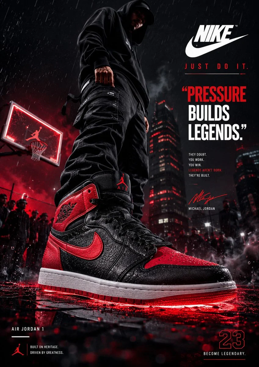 Dynamic model leaps forward showcasing hyper-detailed luxury sneakers.