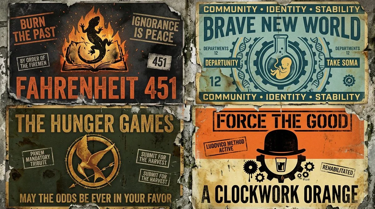Dystopian Book Titles Grid of Four Weathered Propaganda Posters on Wall