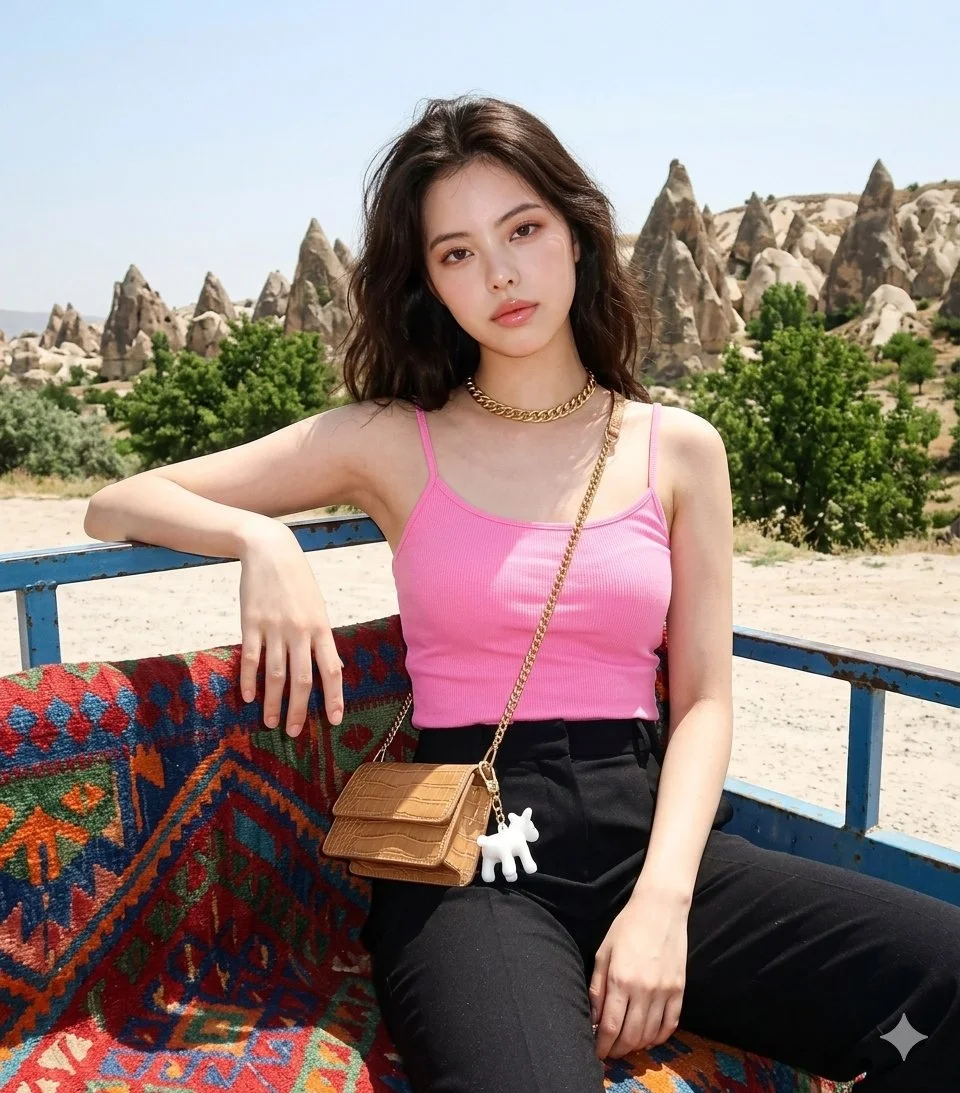 Early 2000s Flash Portrait of a Stylish Woman on a Kilim Rug