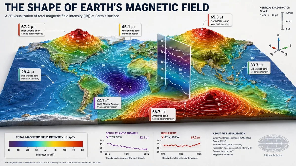 Earth's magnetic field reshapes into a dramatic 3D terrain landscape