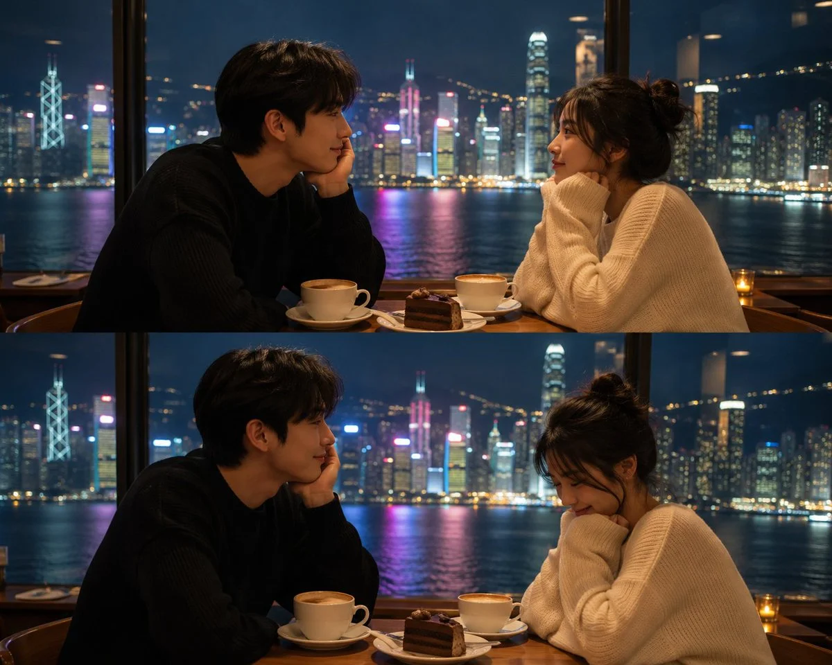 East Asian couple shares a quiet moment in a cozy evening café