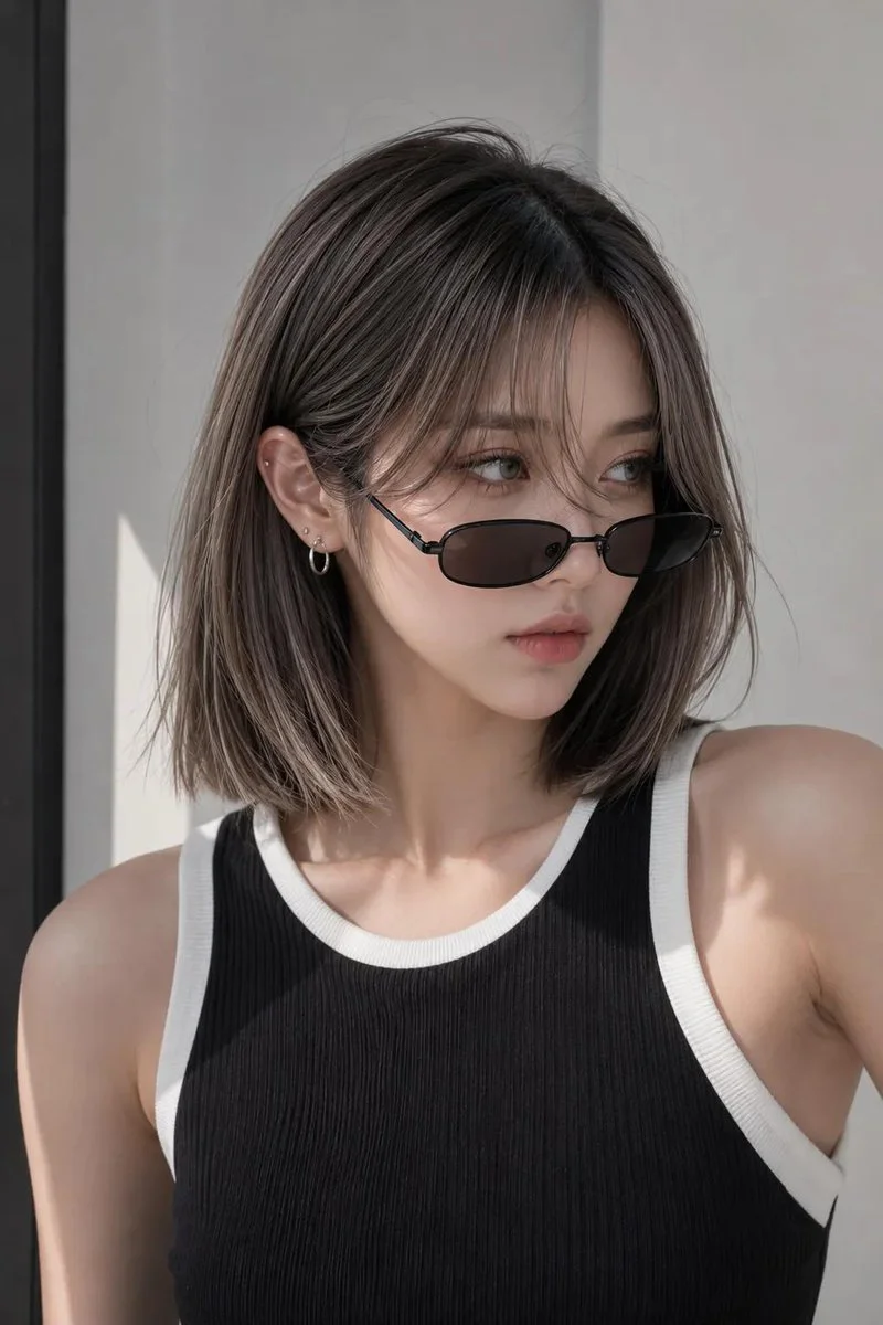 East Asian model in black tank top with frameless glasses looking away
