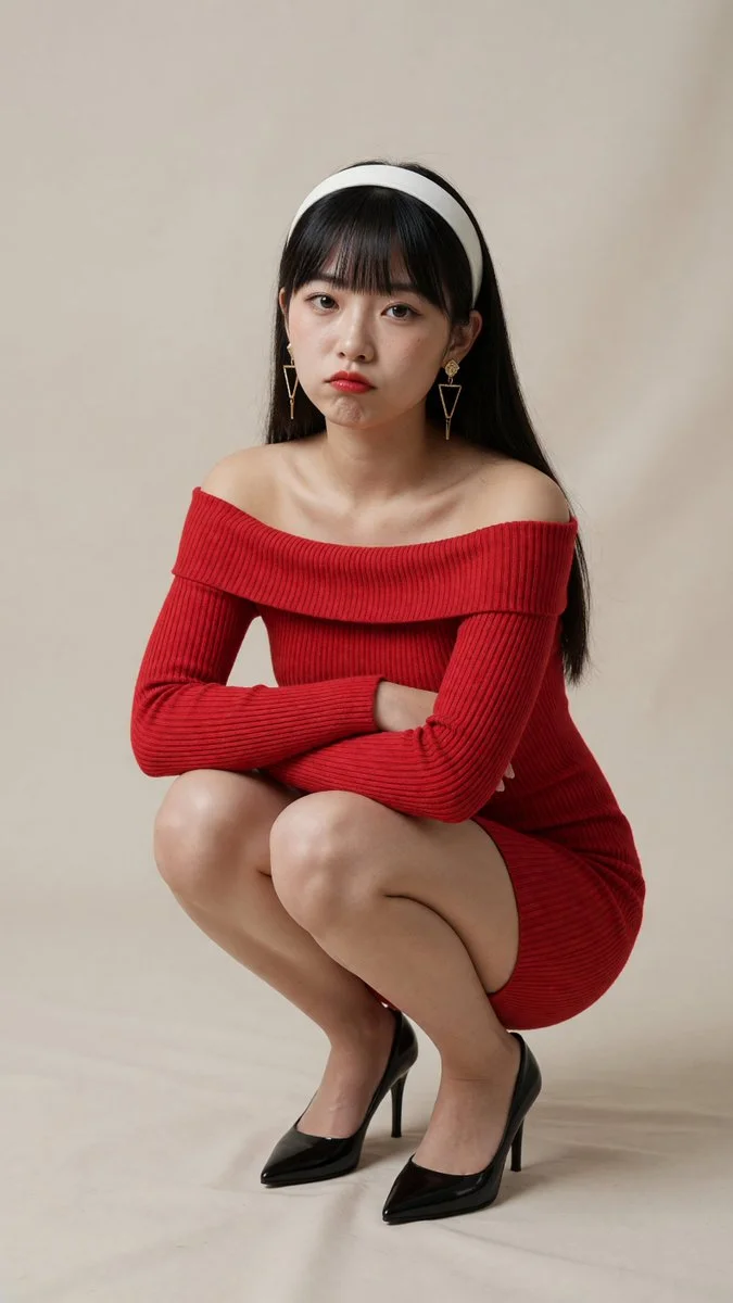 East Asian model in red dress poses with soft pouty look
