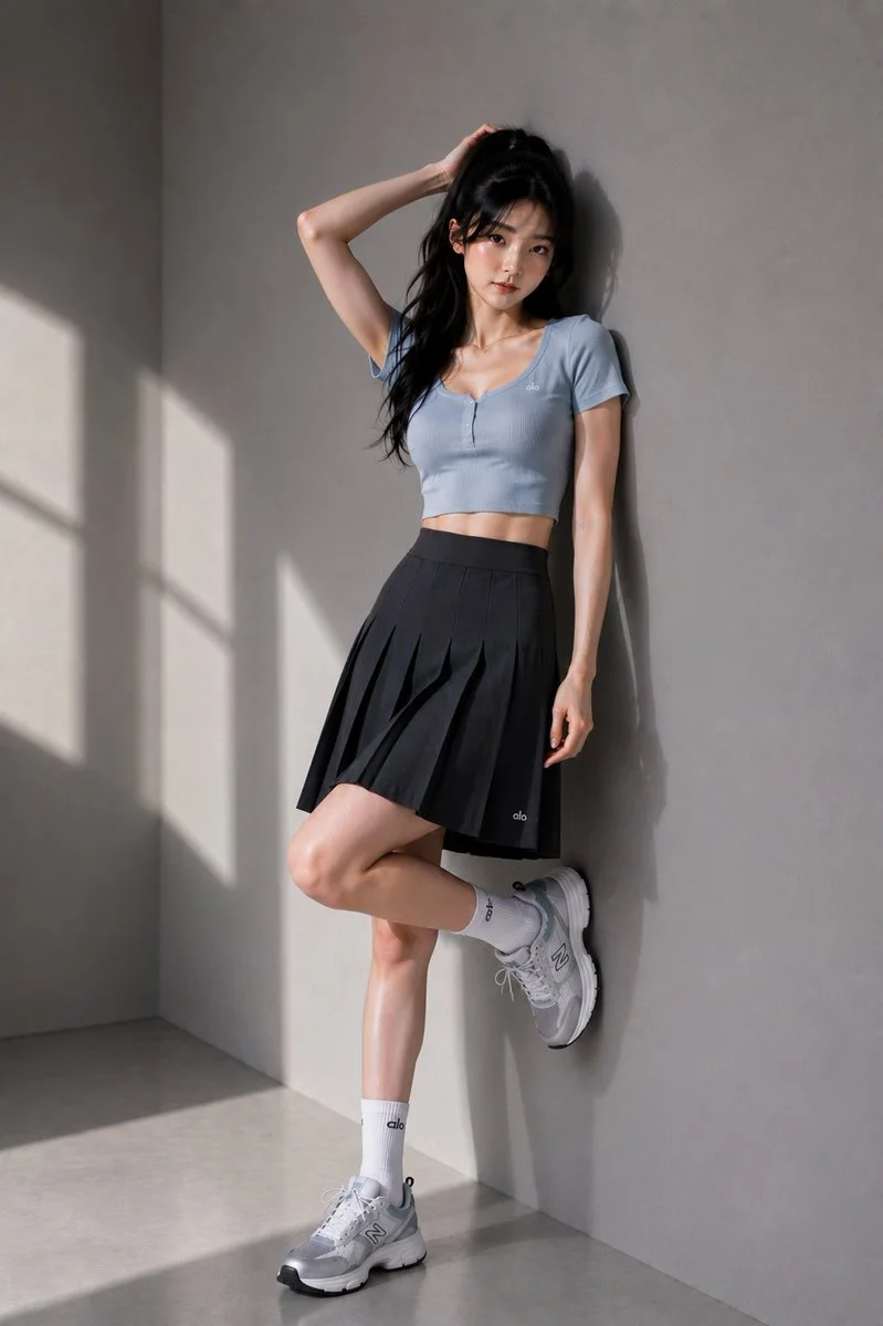 East Asian model leans against a minimalist gray studio wall