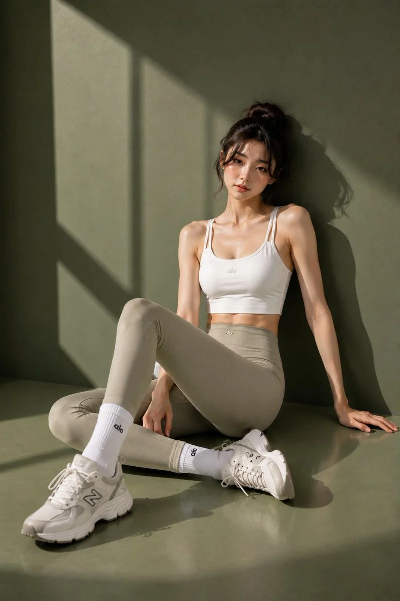 East Asian model leans against wall in blue cropped top and skirt